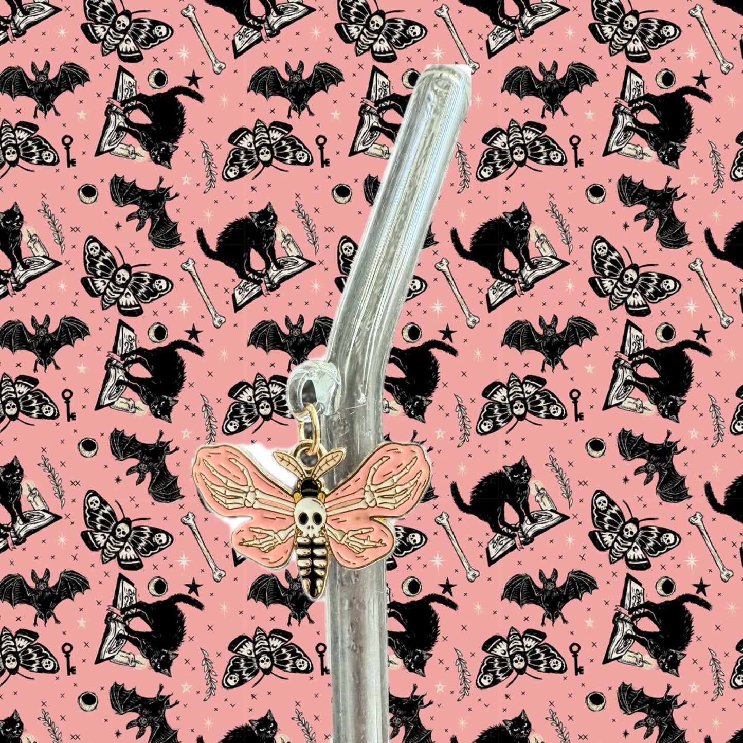 Pink Skeleton Butterfly Glass Straw