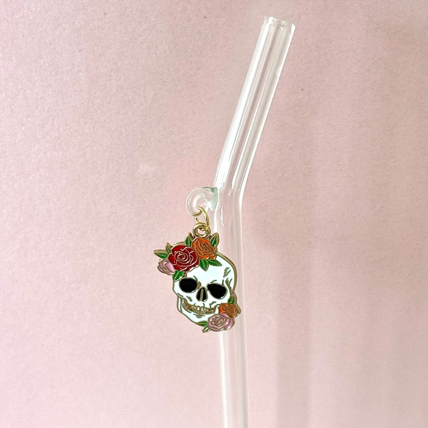 Flower Skeleton Head Glass Straw