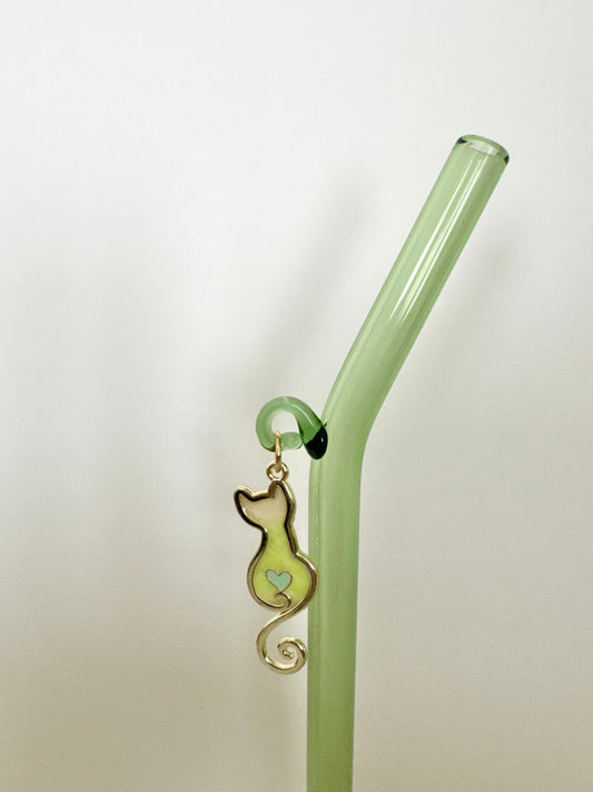 Green Heart Cat Glass Straw