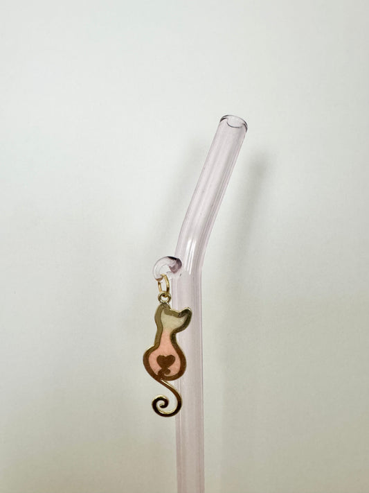 Pink Heart Cat Glass Straw